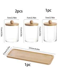 [Acrylic Swab Dispenser Set] 3 PiecesAcrylic Swab Dispenser Set - Individual Makeup Pad And Dental Floss Holder With Bamboo Lid And Bamboo Tray - Multicolor - View 11