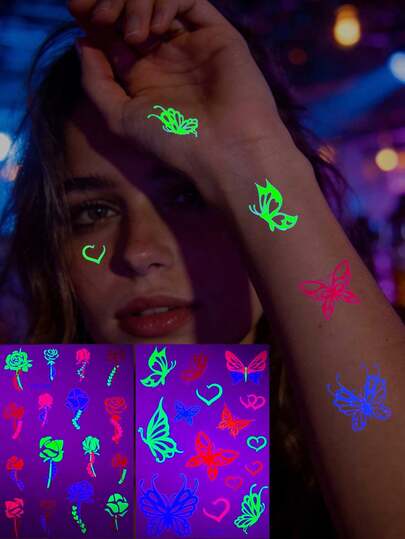 2 ark fluorescerande färgglada tillfälliga tatueringar, med livfulla fjärilar, blom- och hjärtmönster, vattentäta och hållbara, enkla att applicera, perfekta för musikfestivaler, fester och vardagskläder, skapar iögonfallande looks