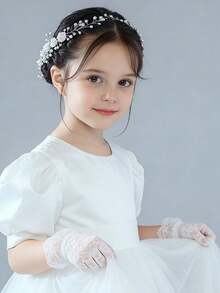 2 pièces/set Accessoires pour cheveux avec fleurs de perles et gants en dentelle pour filles - Accessoires de princesse élégants convenant pour demoiselle d'honneur, communion, concours de beauté et fête d'anniversaire, adapté pour les 3-8 ans - fourchettes à cheveux et gants - Voir 4