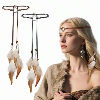 波西米亚风羽毛发箍，复古风，适合舞台表演、旅行等场合。