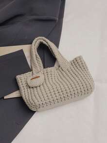 2pcs Knitted Fashion Bucket Bag Set, Mother-Daughter Matching Hollow Square Casual Handbag For Women - Beige - View 5