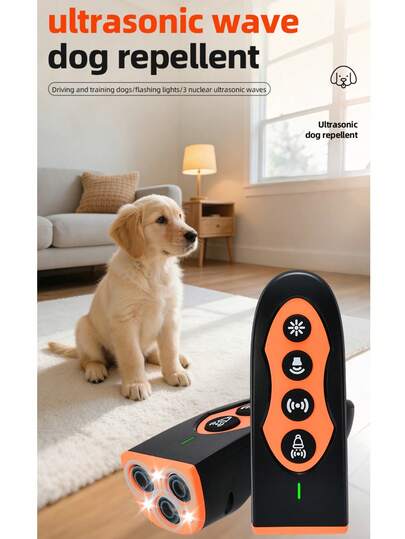 1个全新LED宠物智能超声波止吠器，利用超声波驱赶宠物，不会造成物理伤害。适用于日常宠物吠叫或啃咬训练。外观优雅，操作简便，便携设计。高功率三核超声波，高频超声波刺激犬类听觉，使其产生恐惧感。