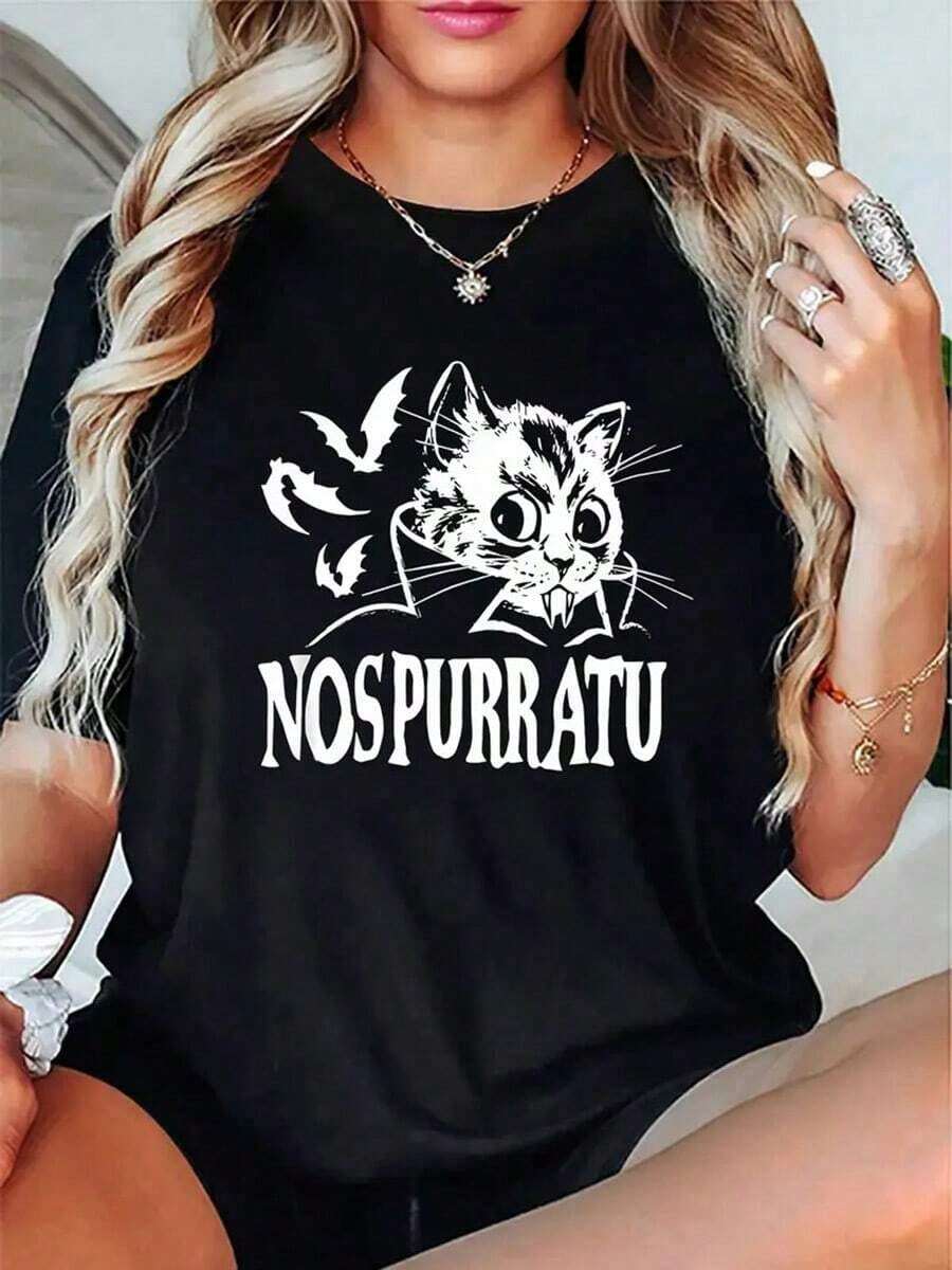 Women's Casual Round Neck Short Sleeve T-Shirt, NOSPURRATU Vampire Cat Graphic, Fashionable Knit Fabric, Polyester, All-Season Comfort Fit, Leisure Sportswear,Nightmare Before Christmas,Christmas,Halloween Costumes,Funny T Shirts,Summer Outfits,Thanksgiving Day,Men Graphic Tees,Streetwear Men - màu đen - Xem 1