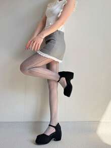 1 Pair Vertical Striped Fishnet Stockings, Retro Striped Pantyhose - Grey - View 3