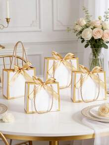 10pcs/Set Small White & Gold Gift Bags With Ribbon Bow - Size: 14X12X6cm, With Handle Rope, Suitable For Thank You Gifts, Wholesale Packaging, Baby Shower, Bridal Party, Wedding, Party Favors, Valentine's Day And Other Occasions - Phnom Penh + Gold Ribbon - View 9