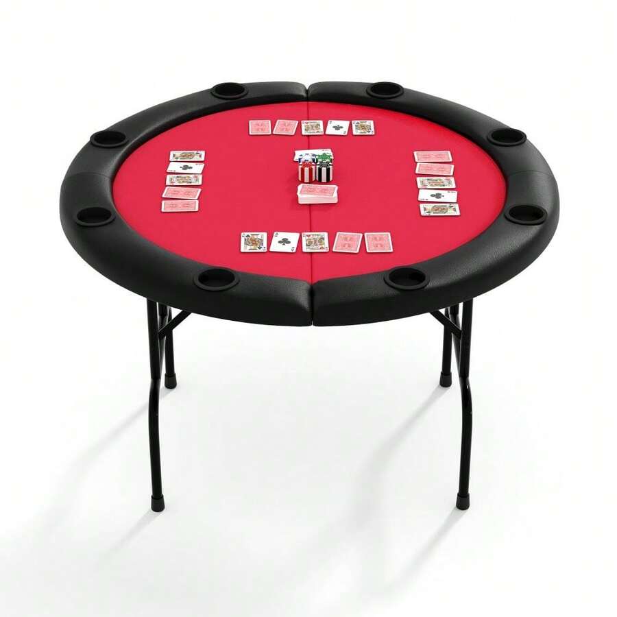 Mesa plegable de póquer para 8 jugadores, mesa redonda de 48 pulgadas, con fieltro de calidad casino y portavasos, para Texas Holdem, noches de juegos en casa, sala de juegos - Borde negro + rojo - Ver 1
