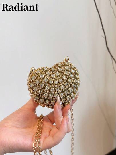Sparkling Vintage Crystal Studded Mini Heart Shaped Lipstick Case, Elegant Lady Clutch Bag, Shoulder Bag, Coin Purse, Chain Bag, Suitable For Outfit Matching, Wedding, Party, Prom, Birthday Gift, Holiday