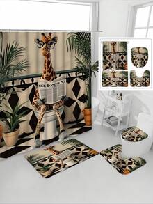1/4件套蹲伏长颈鹿卡通印花防水浴帘套装，包含12个挂钩、防滑垫、U型垫和圆形马桶盖套，加厚涤纶材质，解决浴室积水问题 - A - 查看 4