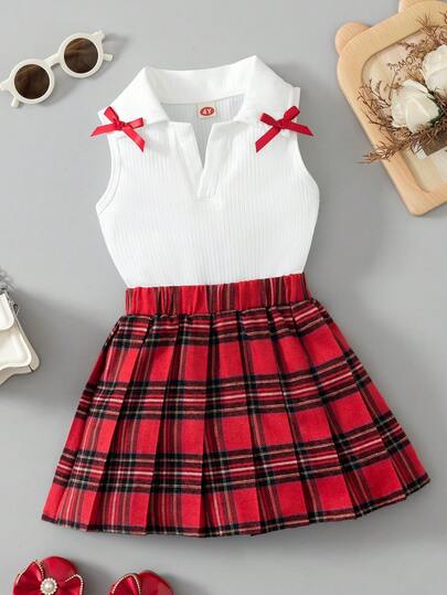 Toddler Girls' Fashion Casual Cute Set, Bow Collar Sleeveless Top + Stylish Plaid Pleated Skirt