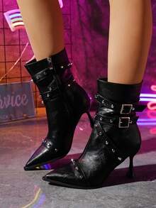 Pointed Toe Rivet Stiletto Heel Ankle Boots, Fashion Short Shaft High Heel Boots With Side Zipper For Women - Black - View 4