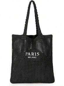 Knitted Shoulder Bag, Versatile Beach Tote Bag With Embroidered Hollow Letter Design, Casual Travel , Beach Bag S0X3 - Color - View 10