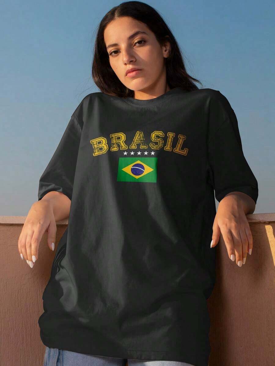 Brazil Unisex Oversized T-Shirt, Football World Cup Basic, 100% Brazilian Cotton, Top Quality, On - 黑色 - 查看 1