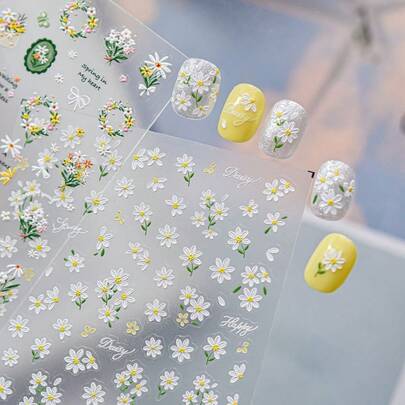1pc Cute Daisy 5D Embossed Self-Adhesive Sliding Nail Art Sticker, Japanese Nail DIY Decoration Nail Stickers