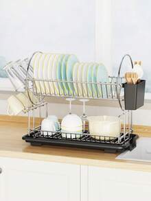 Escurridor de platos de 2 niveles para encimera de cocina con drenaje automático, estante escurridor de platos a prueba de óxido con soporte para utensilios y secador, estante para platos, escurridor de platos ahorrador de espacio, organizador de cocina, Día del Maestro, Copa del Mundo - color acero inoxidable - Ver 13