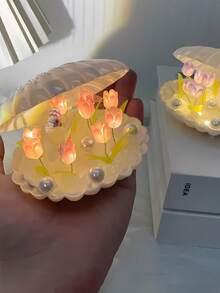 1pc Shell Tulip Night Light, DIY Tulip Decor Lamp, Battery Operated, Suitable For Indoor Living Room, Bedroom, Desk, Girl's Room, Office, Bookshelf Decor, Party & Holiday Decoration, Beautiful Birthday Gift - Shell - View 4