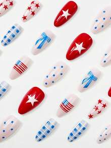 Immediately Enhance Your Makeup Effect. Just Put On 24 Almond-Shaped Nail Stickers On Your Nails To Create A Simple Red And Blue Star Bow, Polka Dot, Grid-Style Fake Nails, Full Coverage Fake Nails, Independence Day Nail Set. Suitable For Women And Girls! - Multicolor - View 3