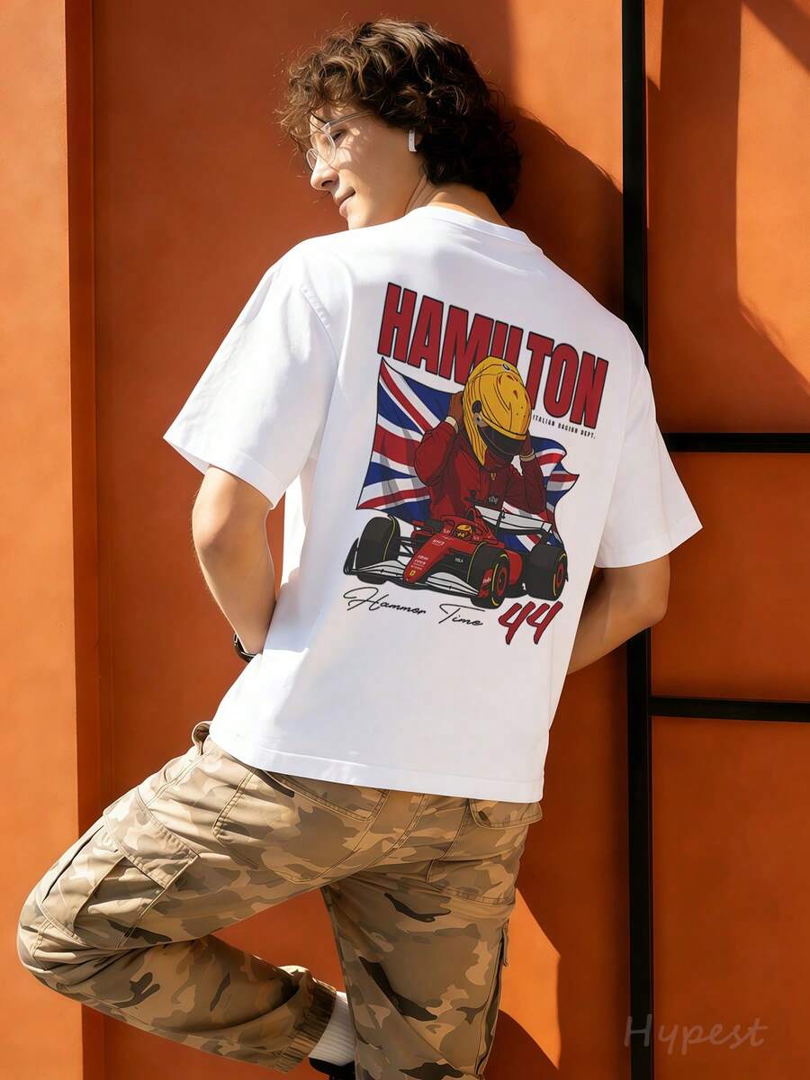 New 2026 Hamilton Racing Car Double-Sided Graphic T-Shirt, F1 Racing Style, 100% Cotton, Men's, Men's T-Shirt, Men's Holiday Wear, Tops, Shirt, Versatile, Undershirt Or Outerwear, Men's Fashion Streetwear, For Racecourse Visits And Fan Support, Gifts For Men - trắng - Xem 1