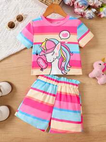 Bộ đồ hè cho bé gái, áo cổ tròn kẻ sọc cầu vồng ngọt ngào và mộng mơ phối cùng quần short, thích hợp mặc hàng ngày, dạo phố và ở nhà. - Nhiều màu - Xem 5