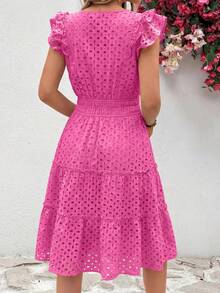 PRETTYGARDEN Women's Summer Dresses Eyelet Cap Sleeve V Neck Short Boho Wedding Guest Graduation Dress Beach Vacation Sundresses Rose Red Dresses For Women - 玫紅色 - 查看 2