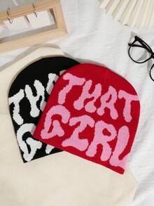 1顶/2顶 女士时尚Y2K“THAT GIRL”提花针织帽，保暖且适合秋冬季日常佩戴 - 彩色 - 查看 15