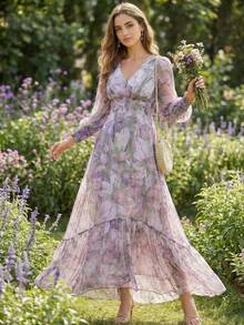 优雅女士长款碎花A字连衣裙，V领荷叶边下摆，喇叭袖，适合春夏度假等场合。 - 彩色 - 查看 6