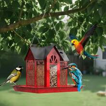 1 Large-Capacity Metal Swing Bird Feeder Three-In-One Feeder - Weather-Resistant Hanging Design, Suitable For Birds, Orioles.  Easy To Fill, No Electricity/Battery Required - Outdoor Garden Bird Feeding Station, Bird Feeding Rack, Decorative Bird Feeder, Easy-To-Clean Material, Very Suitable For Attracting Wild Birds, Garden Feeder - Red - 查看 7