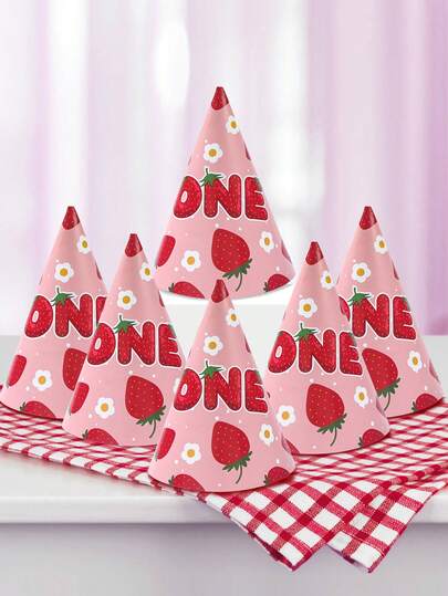 6 piezas Sombreros de cono de papel con tema de bayas para fiesta de cumpleaños, sombreros de fiesta de primer cumpleaños de niña, sombreros de cumpleaños DIY, tocados de disfraz, sombreros decorativos con tema de fresa para fiesta de primer cumpleaños, adecuados para fiesta de cumpleaños, baby shower, fiesta de recién nacido, también se pueden usar como regalos. Decoración de fiesta con tema de fresa, decoración de primavera/verano, sombreros para obsequios, suministros de fiesta para bebé