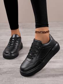 女士休闲简约全黑系带滑板鞋，户外休闲运动鞋 - 黑色 - 查看 3