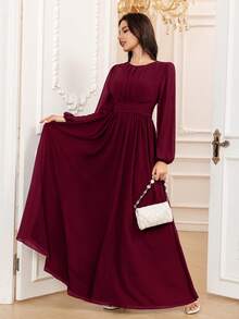 Burgundy Elegant A-Line Long Sleeve Floor-Length Chiffon Formal Bridesmaid Dress, Wedding Guest Dress, Unlined Sleeves Spring - 酒紅色 - 查看 4
