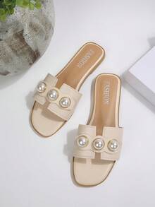 New Fashionable Slip-On Sandals With Pearl Decor, Suitable For Beach & Vacation,Summer Outfits - Beige - View 3