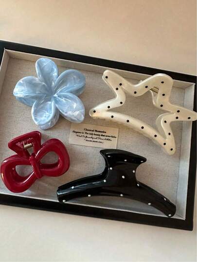 4pcs Shiny Blue Flower, Black Polka Dot, Red Bow, White Star Hair Clips, Elegant Multi-Functional Plastic Hair Accessories Suitable For Daily Wear, Casual, Party, Work, Travel, Washing Face, Makeup, Outfit Matching, Autumn/Winter Holiday, Summer For Women