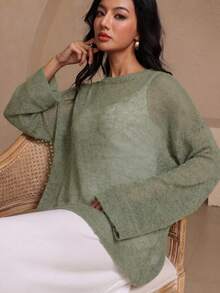 女士宽松圆领针织衫，休闲都市风长袖套头衫，户外时尚优雅针织衫，春季款 - 花綠色 - 查看 13