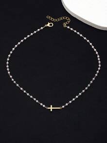 1 Pc Delicate Cross Pendant Necklace, Choker With Mini Faux Pearl Beads & Cross Pendant – Elegant Everyday Jewelry For Casual, Or Gift Giving - Cross Pearl Necklace - View 4
