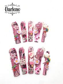 Each Set Includes 10 Pieces Of Y2K Square-Shaped Hand-Painted Acrylic Nail Tips, Featuring A French Design Adorned With Rhinestones, Cherries, Rabbits, And Lollipops. Available In Multi-Tone And Nude Color Schemes. Three Sizes Are Included To Suit Party, Ball, And Everyday Wear. Comes With A Nail Tool Kit, Making It The Perfect Press-On Nails Gift For Women And Girls. - Nhiều màu - Xem 1