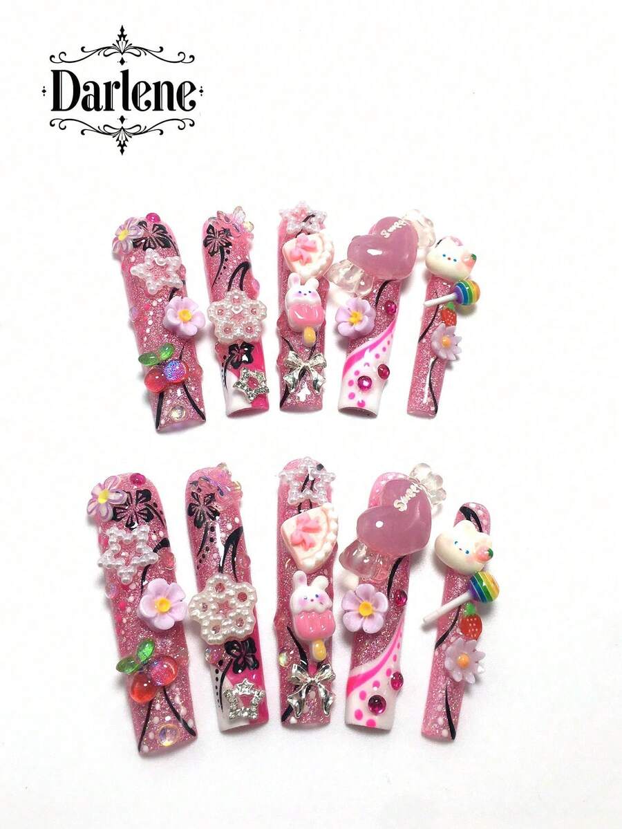 Each Set Includes 10 Pieces Of Y2K Square-Shaped Hand-Painted Acrylic Nail Tips, Featuring A French Design Adorned With Rhinestones, Cherries, Rabbits, And Lollipops. Available In Multi-Tone And Nude Color Schemes. Three Sizes Are Included To Suit Party, Ball, And Everyday Wear. Comes With A Nail Tool Kit, Making It The Perfect Press-On Nails Gift For Women And Girls. - Nhiều màu - Xem 1