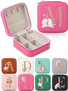 1 pieza Joyero para mujeres Organizador de joyas Exhibición Iniciales de A a Z Patrón de flor de rosa Viaje Gran capacidad Estuche de joyas Múltiples compartimentos Cajas de clasificación Caja de joyas de lujo de piel sintética PU Multifuncional Mini tapa abatible Estuche de almacenamiento Regalo para mujeres Caja de almacenamiento para mamá - Rosa - Ver 1