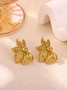 1 par de pendientes de hoja de moda para mujer, color dorado, de acero inoxidable con diseño geométrico, joyas para boda, fiesta y regalo de cumpleaños - Dorado - Ver 4