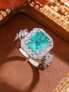 方形四爪浅绿色合成锆石可调节开口戒指，女士珠宝礼品 - 白色 - 查看 3