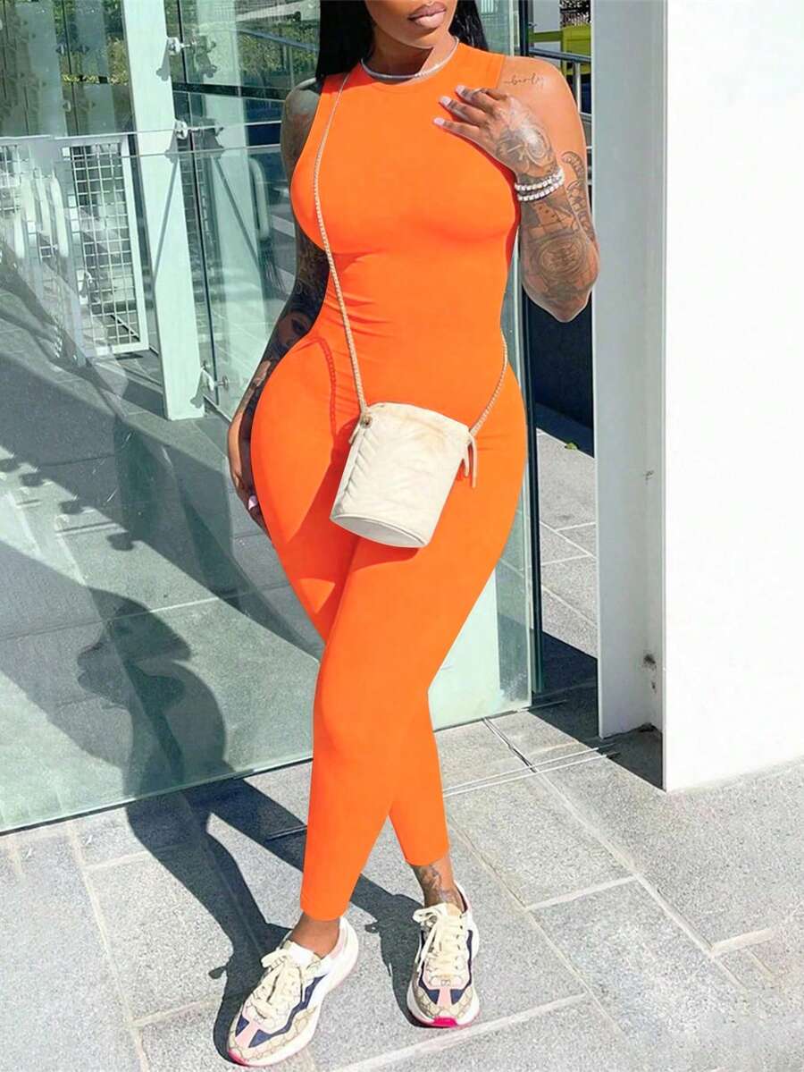 Bộ jumpsuit dài không tay cạp cao, co giãn, ôm sát dành cho nữ EARO, kiểu dáng thường ngày, thanh lịch mùa xuân/hè. - trái cam - Xem 1