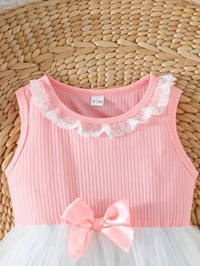 Đầm công chúa không tay màu hồng phối lưới trắng nhiều lớp cho bé gái, cổ ren. - Hồng - Xem 3