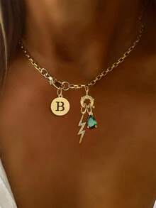 1 件金色 A-Z 字母项链，绿色钻石吊坠链，闪电形钻石吊坠链，时尚优雅多吊坠项链，独特奢华女士字母项链 - 金黃色 - 查看 16