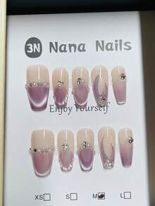 1package/10pcs-Romantic Beach Vibes! Pink Purple Gradient Ballerina Wearable Nails Pearls, Crystals & Seashell Accents - Mauve Purple - View 7