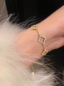 ESBERRY 1 chiếc vòng tay nữ thanh lịch hình cỏ bốn lá đính kim cương rỗng, bạc sterling 925, thích hợp để đeo hàng ngày, dự tiệc và làm quà tặng sinh nhật. - Vòng tay hình cỏ bốn lá khoét rỗng - Xem 4