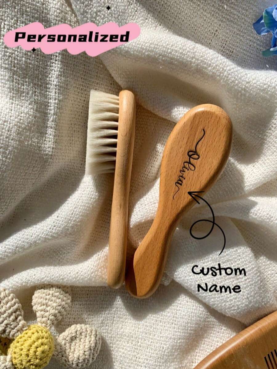 Personalized Wooden Baby Hair Brush: Newborn Gift - Multicolor - View 1