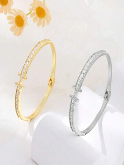 1pc 18K Gold Plated Hollow H-Shape Bracelet, Fashionable & Versatile Electroplated Jewelry Accessory
