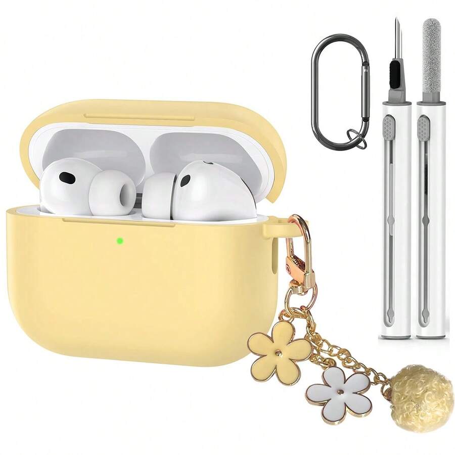 1 Estuche protector de silicona compatible con Apple, funda de auricular integrada de unicolor con cadena colgante con flor, mosquetón y cepillo de limpieza, adecuado como regalo - Amarillo - Ver 1