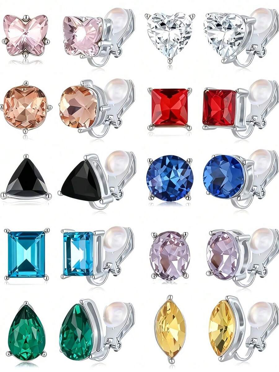 1/10Pairs Versatile AAAAA+ Cubic Zirconia Multi-Shape Clip On Stud Earrings Set For Women Wedding & Daily Wear - Silver - View 1