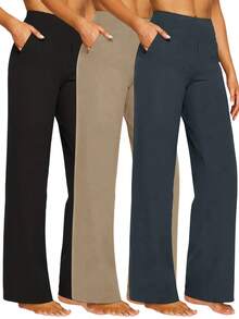 3pcs High-Waisted Knit Wide Leg Pants Set - Stretchy Yoga Trousers With Deep Pockets For Summer Outfits For Women & Vacation Outfits Women | Perfect For Lounge, Gym, Coffee Runs & Travel Days (Khaki+Grey+Black) - 3pcs Khaki+Grey+Black - 查看 1