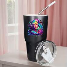 30oz Stainless Steel Tumbler Black White Options,  Colorful Galaxy Woman With Stars And Waves Graphic Cups, Insulated Travel Coffee Mug With Lid And Straw , Double Wall Vacuum Reusable Travel Cups, Funny Birthday Party Gift For Women & Men - 黑色 - 查看 1