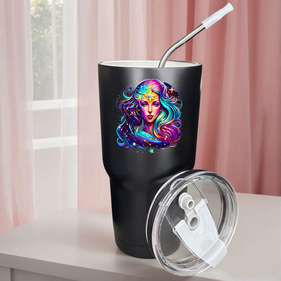 30oz Stainless Steel Tumbler Black White Options, Colorful Galaxy Woman With Stars And Waves Graphic Cups, Insulated Travel Coffee Mug With Lid And Straw , Double Wall Vacuum Reusable Travel Cups, Funny Birthday Party Gift For Women & Men - 黑色 - 查看 1